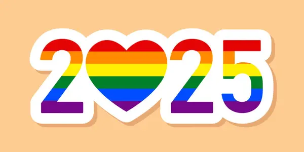 2025 LGBT Gurur Bayrağı, Gay topluluğu, gurur ayı, LGBTQ gökkuşağı bayrağı renkleri, kalp sembollü sayılar, basit vektör etiketi