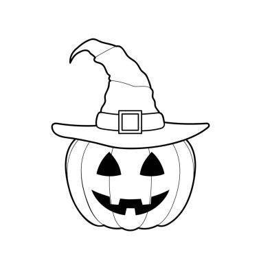 Cadılar Bayramı boyama kitabı sayfası, Jack O Lantern, oyulmuş balkabağı, basit vektör illüstrasyonu