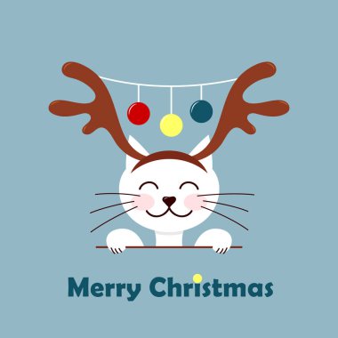 Funny Merry Christmas card with cat, white kitty with deer headband on, square vector illustration clipart