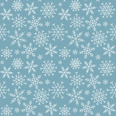 Kar tanelerinin kış şenliği, ambalaj kağıdı için kar baskısı, mavi ve beyaz Noel vektör arka planı