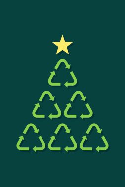 Geri dönüşüm simgelerinden yapılmış Noel ağacı, geri dönüşüm merkezi sembolü, yeşil vektör illüstrasyonuna git
