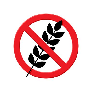 Buğday işareti yok, glütensiz sembol, yasak çember, kırmızı çizgili siyah buğday simgesi, vektör çizimi