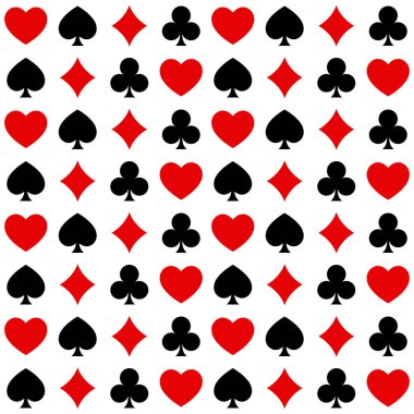 Kart pürüzsüz desen, kumarhane kumarı, kalpler, sinekler, maça ve elmas şekilleri, kırmızı ve siyah poker geçmişi
