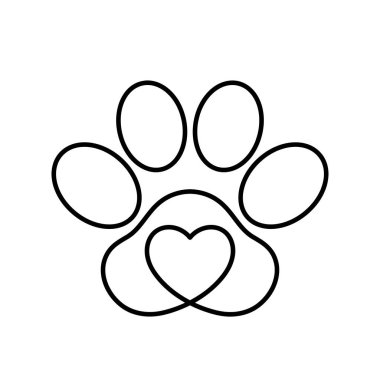 pet paw with heart, vet logo, cat or dog care symbol, black line editable stroke vector icon clipart