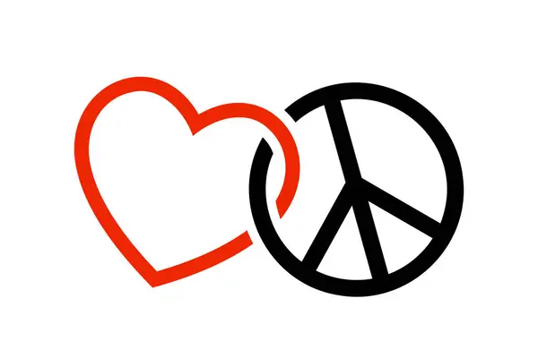 Aşk ve barış sembolleri iç içe geçmiş, kırmızı kalp ve siyah pasifizm işareti, basit vektör tasarım elementi