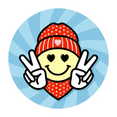 Sevgililer günü titreşimleri, harika sevgililer günü emoji çember etiketi, kırmızı şapkalı gülen yüz ve barış işareti, havalı vektör elementi.