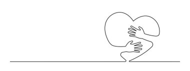 Büyük bir kalbe sarılmak sürekli bir çizgi çizmek, yardım konsepti siyah doğrusal yatay vektör dekoratif unsur, düzenlenebilir vuruş