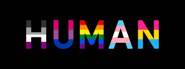 HUMAN Kelime geçit pankartı, LGBTQ Gurur Bayrakları renkleri, siyah arkaplanda vektör illüstrasyonu