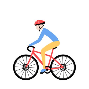 Bisikletli kişi yan görüntüsü, bisiklet yolculuğu, bisiklete binen bir adam, çevre dostu yeşil ulaşım, düz çizgi film çizimi