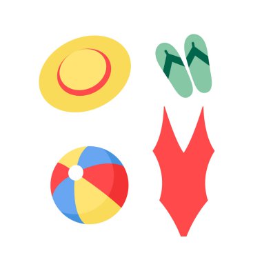 Plaj seti, hasır şapka, kırmızı mayo, yeşil parmak arası terlik, plaj topu, yaz tatili için basit vektör tasarımı elementleri.