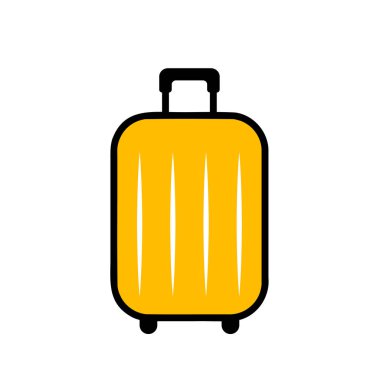 Sarı bavul ikonu, saplı bavul, seyahat tekerlekleri, iş seyahatleri veya yaz tatilleri, siyah çizgili düz vektör çizimi