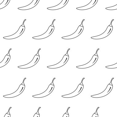 Kırmızı biberler pürüzsüz desen, beyaz arka planda siyah çizgi elementleri, vektör illüstrasyonu