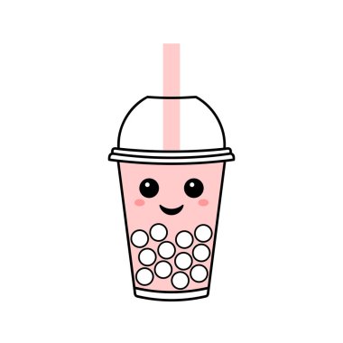 Şirin çizgi film suratlı pembe baloncuk çayı, Tayvan 'ın popüler soğuk içeceği, siyah hatlı basit vektör çizimi.