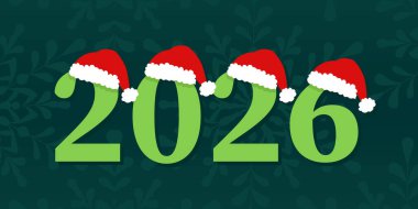Kırmızı Noel Baba şapkalı 2026 yeşil numara, mutlu yıllar, poster, afiş, t-shirt, kart, el ilanı, vektör illüstrasyonu için noel tasarımı