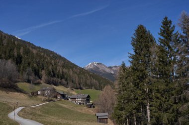 Kampl, Avusturya - 16 Mart 2023 - Kış mevsiminin sonunda Alp Vadisi Stubaital 'de çayırlar ve otlaklar                               
