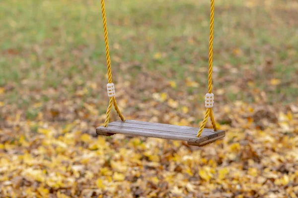 Wooden Swings Ropes Hang Park Backdrop Autumn Landscape — Stock Photo, Image