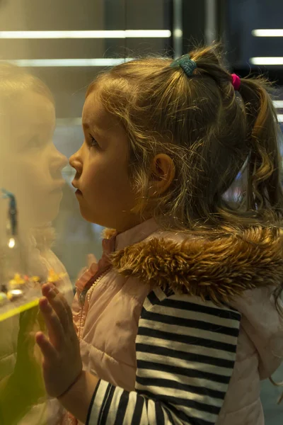 一个金发小女孩看着玻璃店的橱窗 — 图库照片
