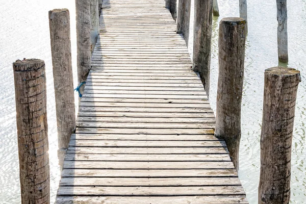 Cais Madeira Velho Vazio Ponte Para Barcos Barcos Que Descem — Fotografia de Stock