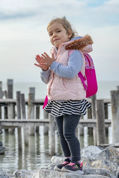 Güzel bir kız sırtında sırt çantasıyla kayalıklarda yürüyor. Deniz ve gökyüzünün arka planına karşı. ahşap köprü.
