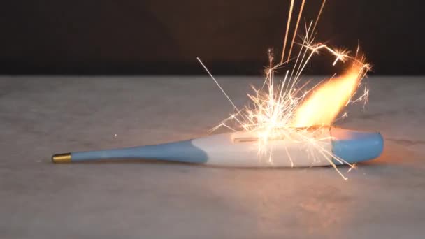 Battery Has Ignited Electronic Thermometer Fire Flame Sparks Burning Short — Stock Video