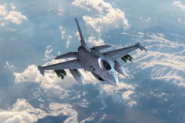 Combattant Militaire F16 Volant Dans Ciel Dessus Paysage Montagneux Des — Photo