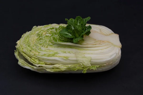 Young Cabbage Sprouted Half Peking Cabbage Black Background New Plant — Stock Photo, Image