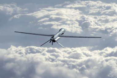 Bulutların üzerinde uçan insansız hava aracı, Amerikan teknolojisi, 3D görüntüleme. Kavram: Askeri keşif aracı, gökyüzünde olay, Ukrayna 'da savaş.