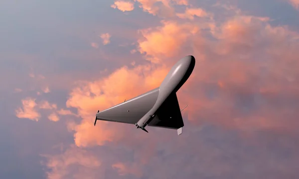 Gökyüzü ve bulutların arka planında çarpışan dronekamkazza, aşağıdan görüntü, 3D görüntüleme. Kavram: Ukrayna 'da savaş, insansız hava aracı saldırısı.