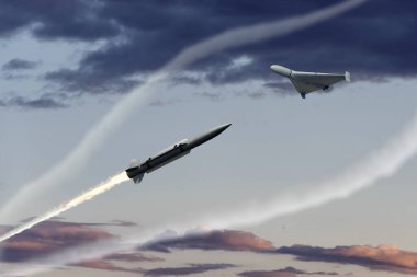 Askeri füze, akşam gökyüzünde bir İHA 'yı düşürüyor, hava savunması, füze fırlatma izi, 3D görüntüleme. Kavram: Ukrayna 'da savaş, Rus kamikaze insansız hava araçlarına saldırı.