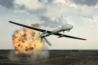 Savaş uçağı bombalar atıyor, askeri tesisleri havaya uçuruyor, bulutlarda uçuyor, hava manzarası, ateş ve duman patlaması, Ukrayna, Ermenistan 'daki savaş, 3D.