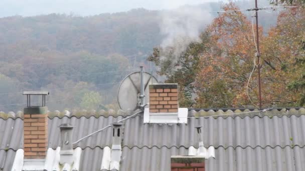烟从房子屋顶的烟囱里冒了出来 背景是高山和树木 是乡村的风景 加热季节 — 图库视频影像