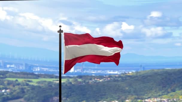 Σημαία Της Αυστρίας Στο Κοντάρι Της Σημαίας Κυματίζει Στο Τοπίο — Αρχείο Βίντεο