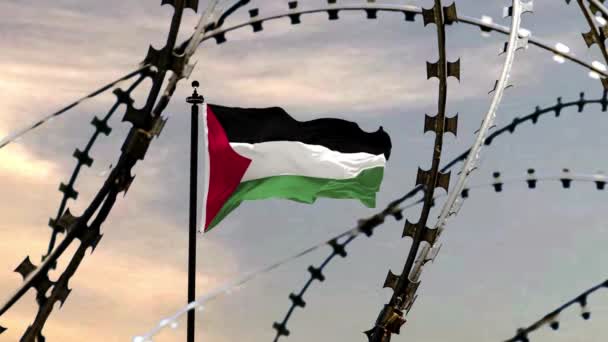 Asta Bandera Con Bandera Palestina Detrás Alambre Púas Contra Cielo — Vídeos de Stock