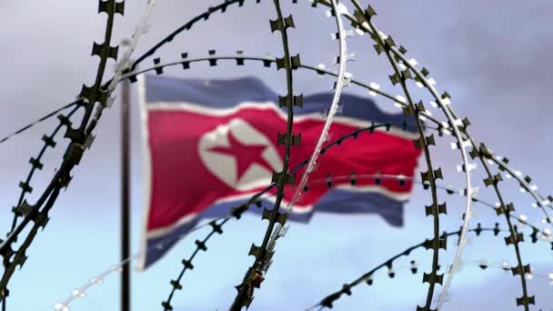 Ostnatý Drát Vlajka Severní Koreje Rozostření Pozadí Oblohy Mraky Vykreslování — Stock video