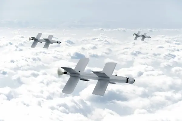 Aanval Door Een Groep Onbemande Militaire Kamikaze Drone Lancet Vliegend Stockfoto
