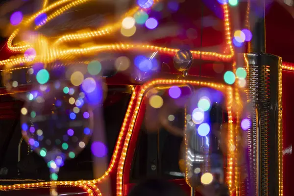 Red Santa Claus Truck Colorful Lights Close Selective Focus Concept Stock Image