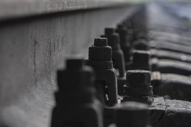 Siyah cıvatalar demiryollarının demiryollarını ve bağlarını bağlar..