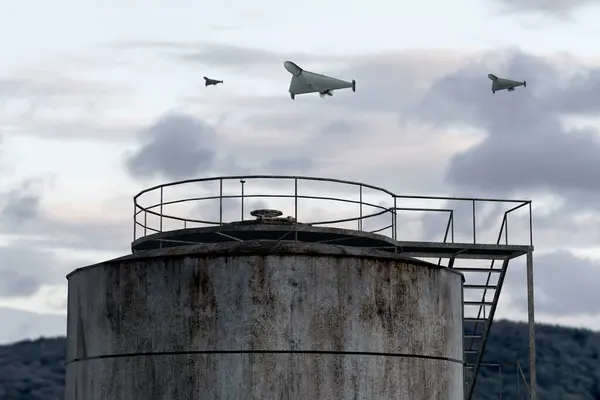 Group of military drones attacking oil and fuel tank,