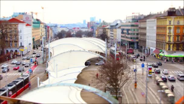 Kreuzung Innenstadt Vorbeifahrende Autos Straßenbahn Radfahrer Passanten Kippeffekt Österreich Wien — Stockvideo