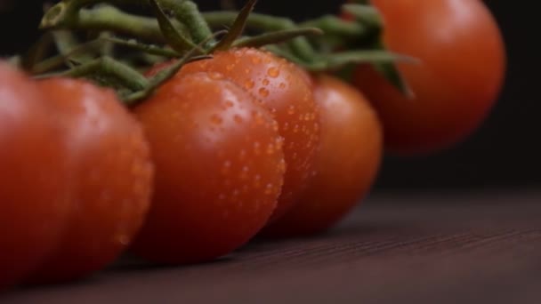 樱桃西红柿 木制表面有绿色小枝 蔬菜上有水滴 底色深 相机活动 — 图库视频影像