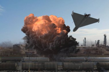 Petrol rafinerisi yanıyor, petrol deposu yanıyor, insansız hava aracı saldırısı.