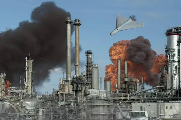 Drone Aanval Olieraffinaderij Oliedepot Brand Explosies Brand Stockafbeelding
