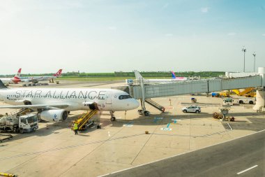 Bir Star Alliance uçağıyla havaalanı önlüğü; Avusturya, Viyana, Nisan 09, 2024.