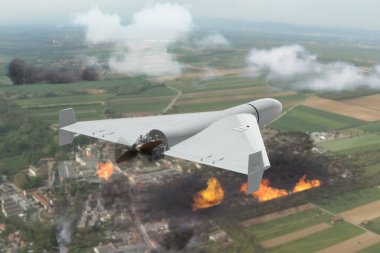 İnsansız bir hava aracı yok edilmiş ve yanan bir şehrin üzerinde uçuyor. Kavram: Hava saldırısı, Ukrayna 'da savaş. 