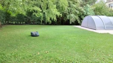 Bir robot çim biçme makinesi çimlerin içinden geçiyor.