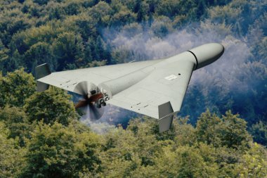 Rus askeri kamikaze İHA 'sı bulutların üzerinde uçuyor yeşil bir ormanın üzerinde, İranlı savaş uçağı gökyüzünde, Ukrayna' da savaş.,