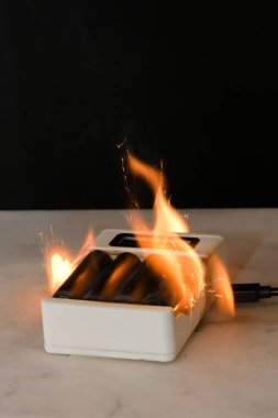 Batarya şarj ünitesi yanıyor, kablolar kıvılcım saçıyor. Kısa devre. Alevler, kıvılcım ve duman.