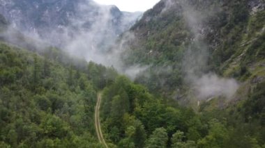 Avusturya 'daki dağ manzarası, bulutlar ve sis, dağlar ve vadiler bulutlu bir günde, 