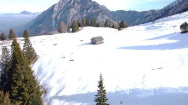 Soğuk mevsimlerde Avrupa dağlarının insansız hava aracı görüntüsü, parlak gökyüzü ve ladin ağaçlarının gölgeleri.