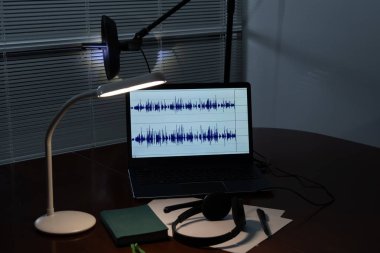 Dinleme ve ses kaydı ayarlayın: ses dalgası ekranı, yön mikrofonu, kulaklık ve yazı malzemesi olan bir laptop. İzleme, podcast ya da konuşma analizi konsepti